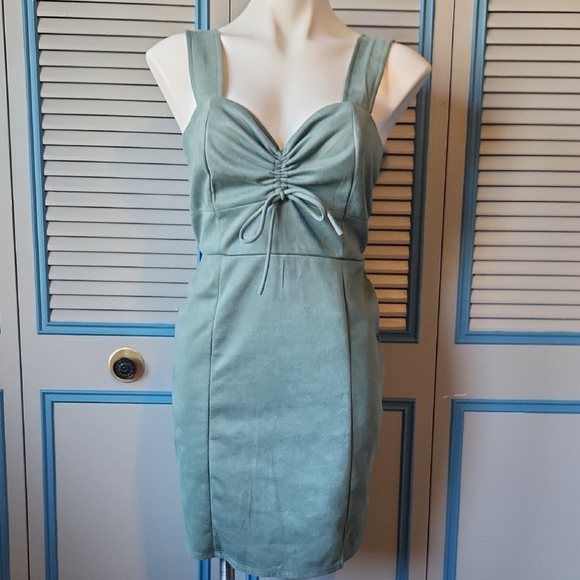 Miami for Francesca’s Ruched Sage Green Mini Dress - Picture 1 of 13